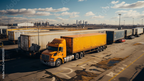 Aerial view of an industrial building and warehouse with freight cars in length, generative ai