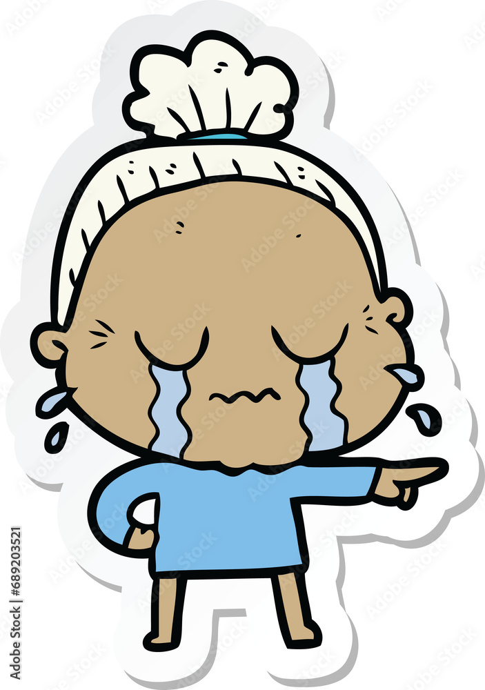 sticker of a cartoon crying old lady sticker of a cartoon crying old lady