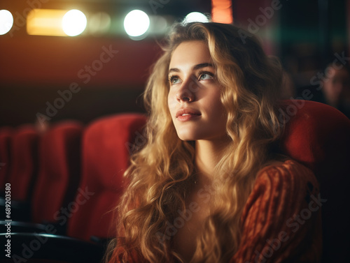 Young beautiful woman watching movie in cinema theater