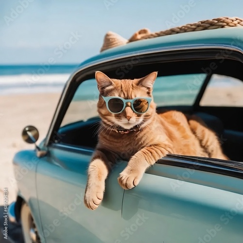 funny fashion ginger cat with sunglasses in a car at the beach