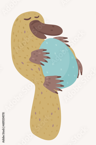 Vector illustration of cute platypus with egg isolated on light background.