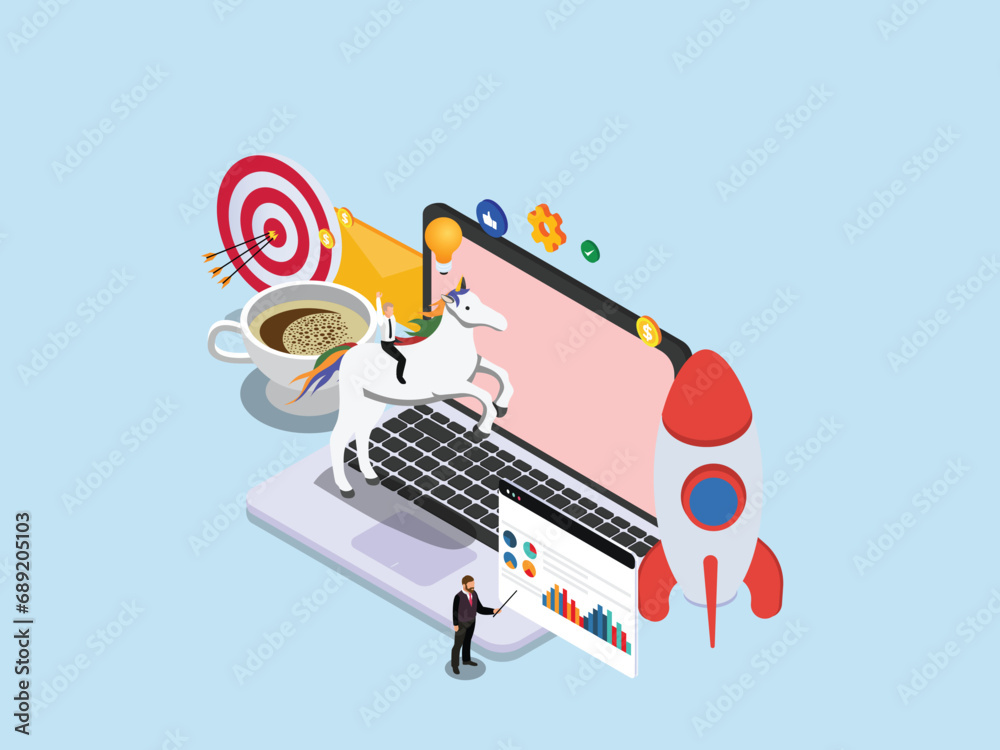 Unicorn company startup with laptop and money 3d isometric vector concept for landing page, banner, illustration Unicorn company startup with laptop and money 3d isometric vector concept for landing page, banner, illustration