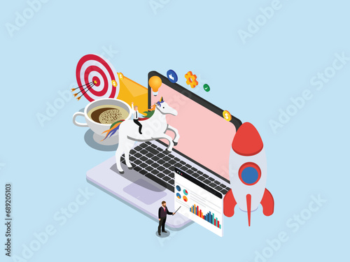 Unicorn company startup with laptop and money 3d isometric vector concept for landing page, banner, illustration