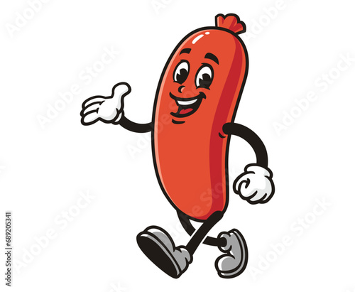 walking sausage cartoon mascot illustration character vector clip art
