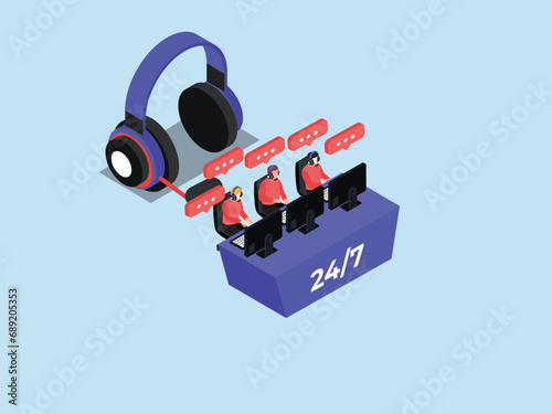 24 hours non stop online technical support 3d isometric vector concept for landing page, banner, illustration