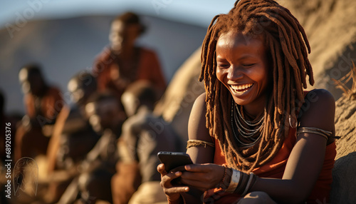 Serenely smiling Himba woman, gracefully blending modernity with tradition Generative ai photo