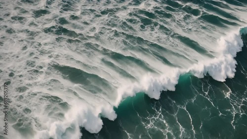 Beautiful texture of big power dark ocean waves with white wash. Aerial top view footage of fabulous sea tide on a stormy day. Drone filming breaking