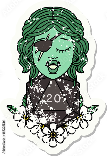 grunge sticker of a half orc rogue with natural twenty dice roll photo