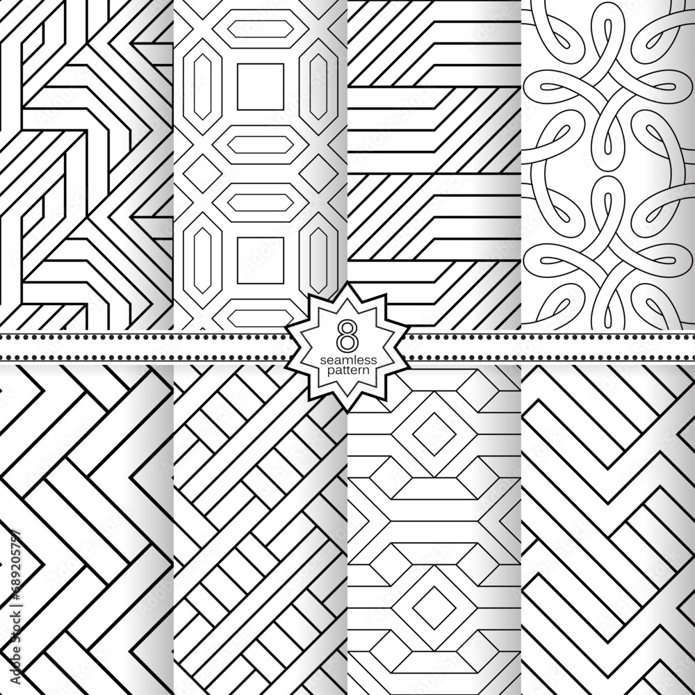 A set of vector seamless patterns. Modern geometric textures. Monochrome, linear.