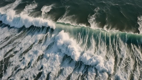 Beautiful texture of big power dark ocean waves with white wash. Aerial top view footage of fabulous sea tide on a stormy day. Drone filming breaking