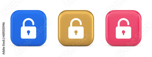 Open lock button cyberspace password security protection service 3d realistic icon