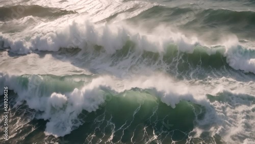 Beautiful texture of big power dark ocean waves with white wash. Aerial top view footage of fabulous sea tide on a stormy day. Drone filming breaking
