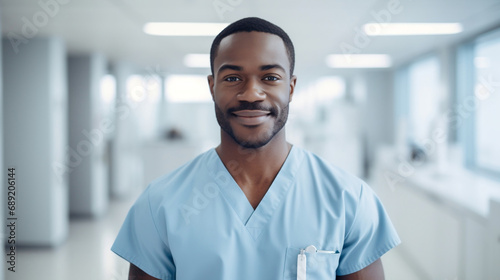 Portrait of a black nurse doctor man looking at the camera with a smile on a white bright blurred hospital background photo