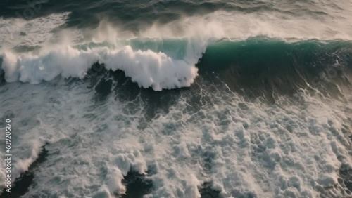 Beautiful texture of big power dark ocean waves with white wash. Aerial top view footage of fabulous sea tide on a stormy day. Drone filming breaking