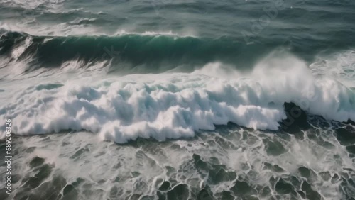 Beautiful texture of big power dark ocean waves with white wash. Aerial top view footage of fabulous sea tide on a stormy day. Drone filming breaking