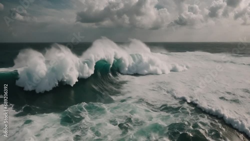 Beautiful texture of big power dark ocean waves with white wash. Aerial top view footage of fabulous sea tide on a stormy day. Drone filming breaking