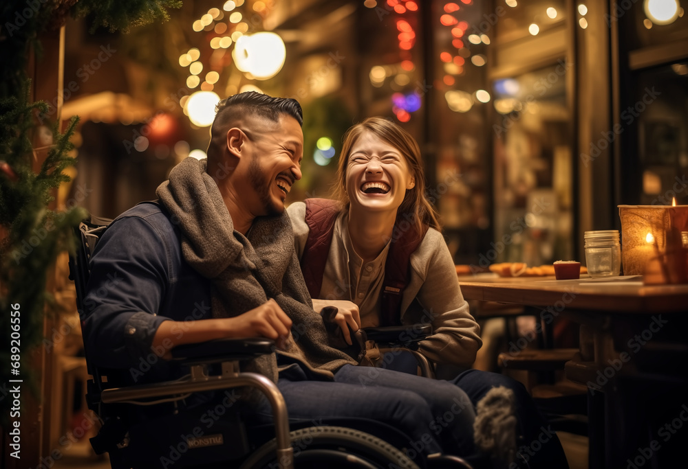 happy couple with a wheelchair,Disabilities-specific content