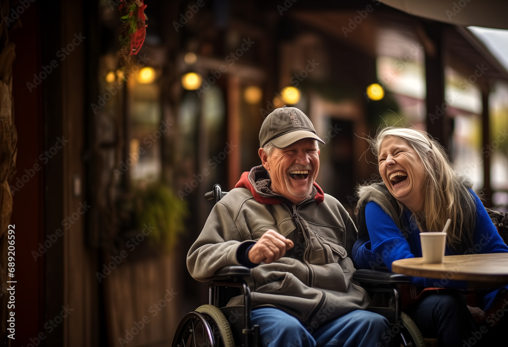 happy couple with a wheelchair,Disabilities-specific content happy couple with a wheelchair,Disabilities-specific content