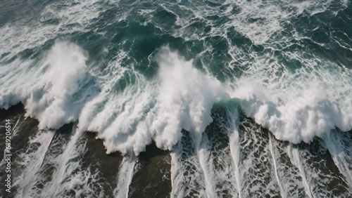 Beautiful texture of big power dark ocean waves with white wash. Aerial top view footage of fabulous sea tide on a stormy day. Drone filming breaking