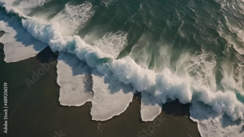 Beautiful texture of big power dark ocean waves with white wash. Aerial top view footage of fabulous sea tide on a stormy day. Drone filming breaking