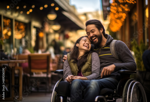 happy couple with a wheelchair,Disabilities-specific content
