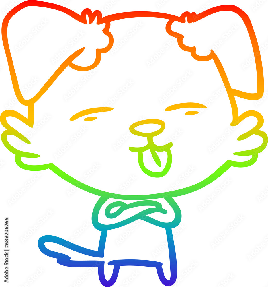 rainbow gradient line drawing of a cartoon dog sticking out tongue