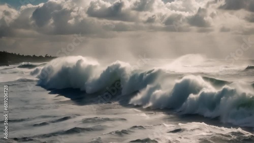 Beautiful texture of big power dark ocean waves with white wash. Aerial top view footage of fabulous sea tide on a stormy day. Drone filming breaking