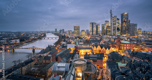 Classic panoramic view of famous Frankfurt am Main skyline.