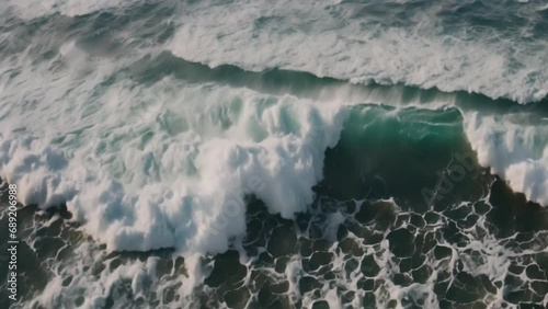 Beautiful texture of big power dark ocean waves with white wash. Aerial top view footage of fabulous sea tide on a stormy day. Drone filming breaking