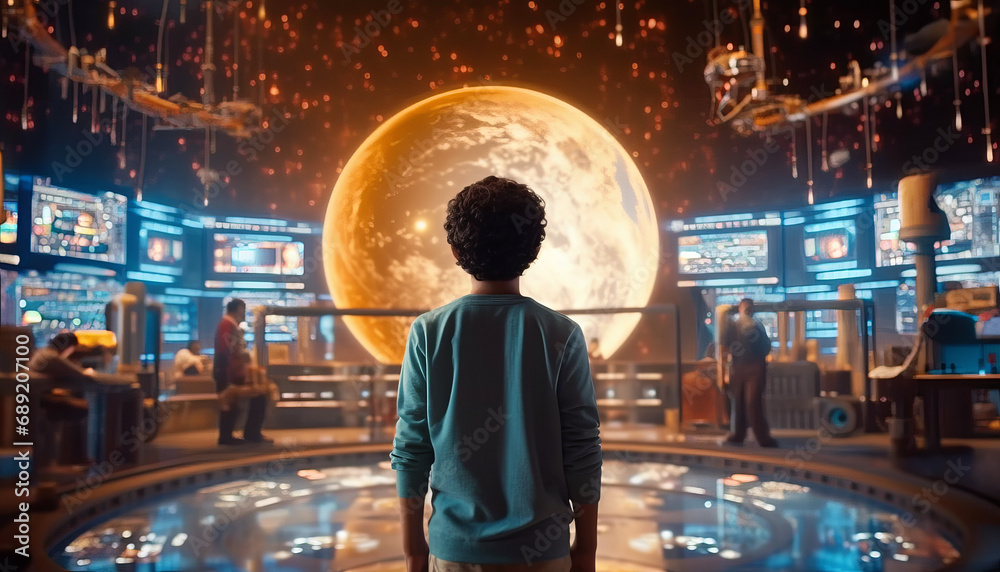 Young Middle Eastern boy explores space science exhibition on a school trip Generative AI. Young Middle Eastern boy explores space science exhibition on a school trip Generative AI.