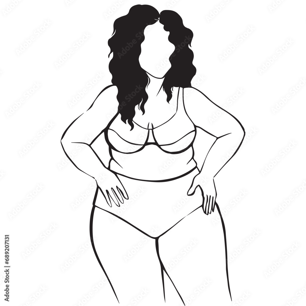 Beautiful plus size girl, hand-drawn graphics, body positive. Ideal for logos, posters, packaging design and paper products. Fashion cover, poster. Beautiful plus size girl, hand-drawn graphics, body positive. Ideal for logos, posters, packaging design and paper products. Fashion cover, poster.