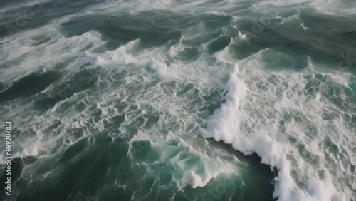 Beautiful texture of big power dark ocean waves with white wash. Aerial top view footage of fabulous sea tide on a stormy day. Drone filming breaking