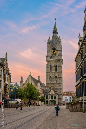 Belfort tower on Saint Bavo square at sunset, Gent, Belgium