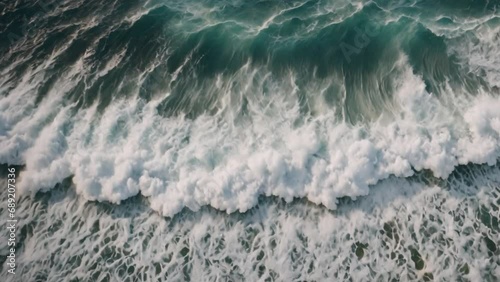 Beautiful texture of big power dark ocean waves with white wash. Aerial top view footage of fabulous sea tide on a stormy day. Drone filming breaking