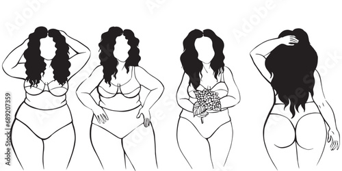 Beautiful plus size girl, hand-drawn graphics, body positive. Ideal for logos, posters, packaging design and paper products. Fashion cover, poster.