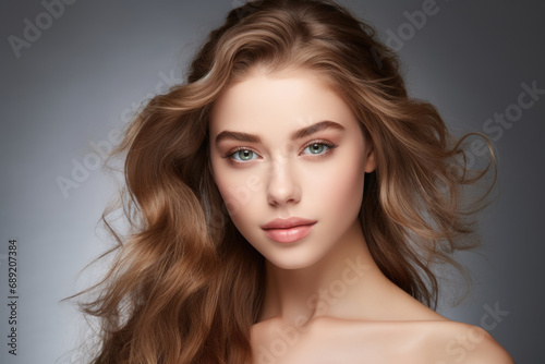 Portrait of a cute brown haired girl with well-groomed facial skin on a gray background.