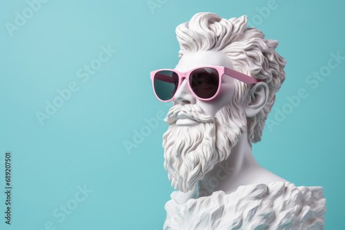 White bust of Poseidon wearing rose-colored glasses on blue negative space.