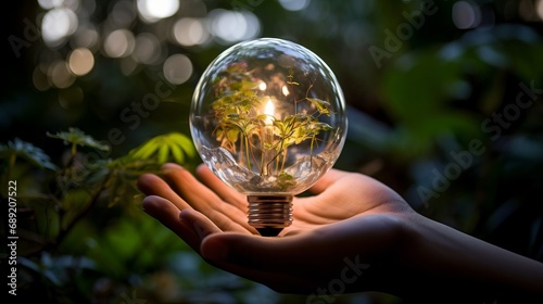 Innovative Harmony. Hand cradling glowing bulb amidst green foliage, symbolizing the balance