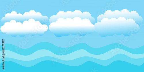 Blue sea wave flowing with white soft clouds cartoon, sky background landscape vector illustration