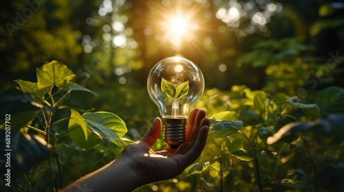 Fostering Environmental Harmony. Hand Gently Cradling Glowing Light Bulb Amidst Lush Green Leaves