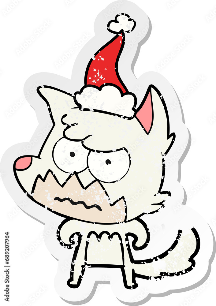 hand drawn distressed sticker cartoon of a annoyed fox wearing santa hat