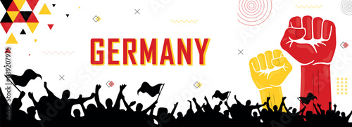 Germany flag color combination patriot banner, raised fist, human hands, cheering people, celebrate, red, black and yellow geometric abstract background design, strike, parade, riot, protest or rally