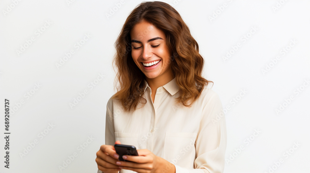 Woman holding phone in hands portrait on isolated background - ai generative Woman holding phone in hands portrait on isolated background - ai generative