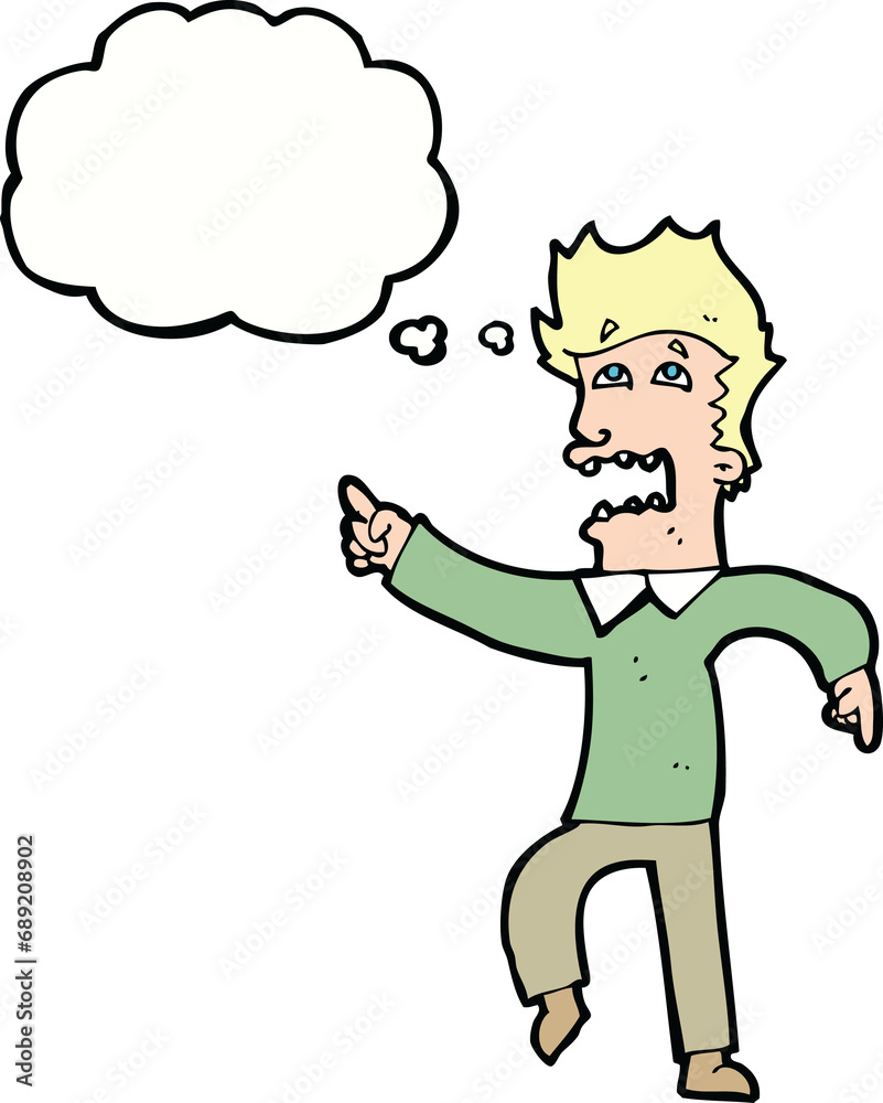 cartoon frightened man pointing with thought bubble