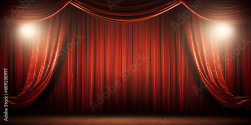red curtain with spotlight ,Concept Scenique ,Photo gratuite couronne de reine nature morte ,empty musical theater stage with curtains, Magic theater stage red curtains.generative ai 