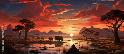 Sunset over savanna with herd of wild animals walking photo