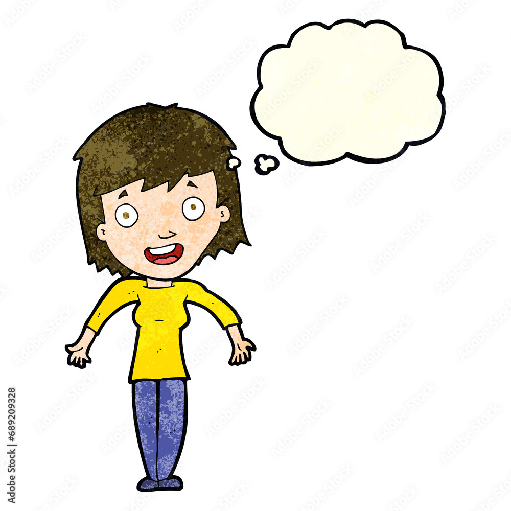 cartoon woman shrugging shoulders with thought bubble cartoon woman shrugging shoulders with thought bubble