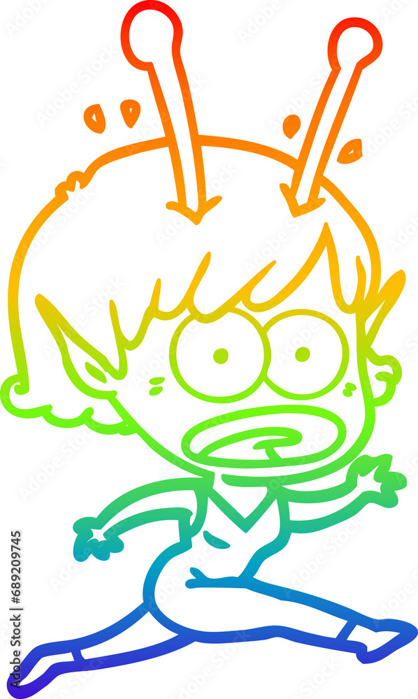 rainbow gradient line drawing of a cartoon shocked alien girl