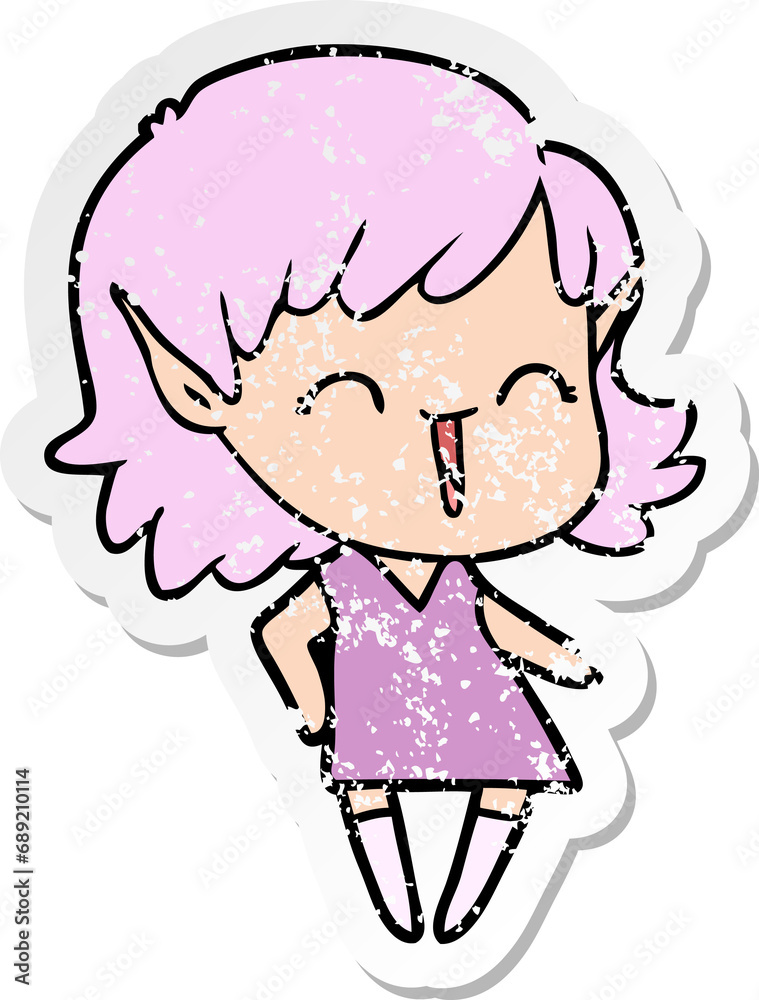 distressed sticker of a cartoon elf girl distressed sticker of a cartoon elf girl