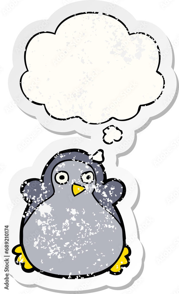 cartoon penguin with thought bubble as a distressed worn sticker